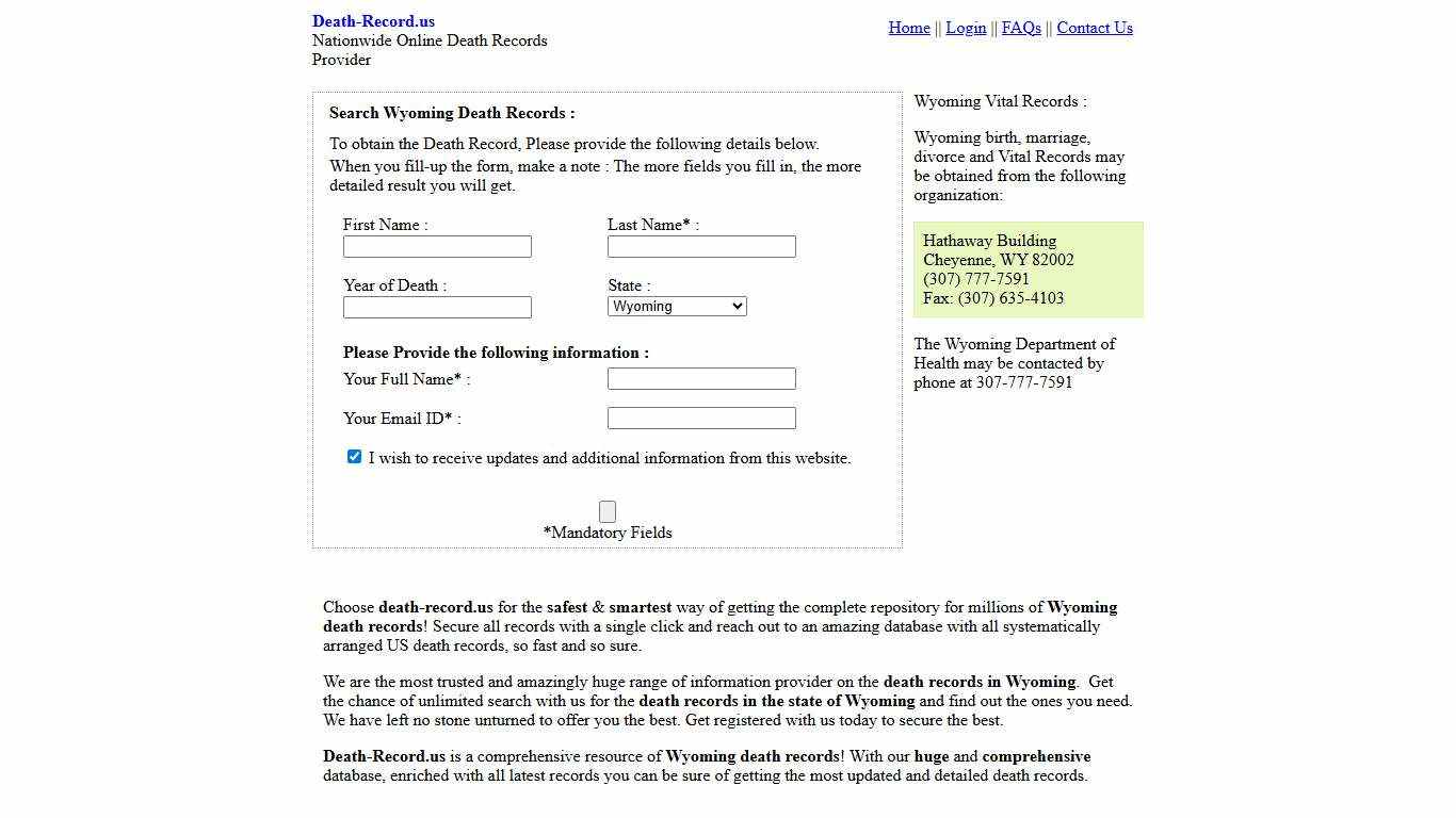 Wyoming Death Records : Public (WY) & County Death Record.