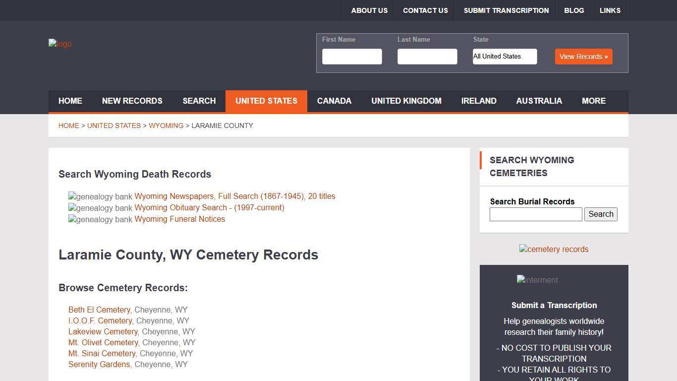 Laramie County Cemetery Records, Wyoming Genealogy